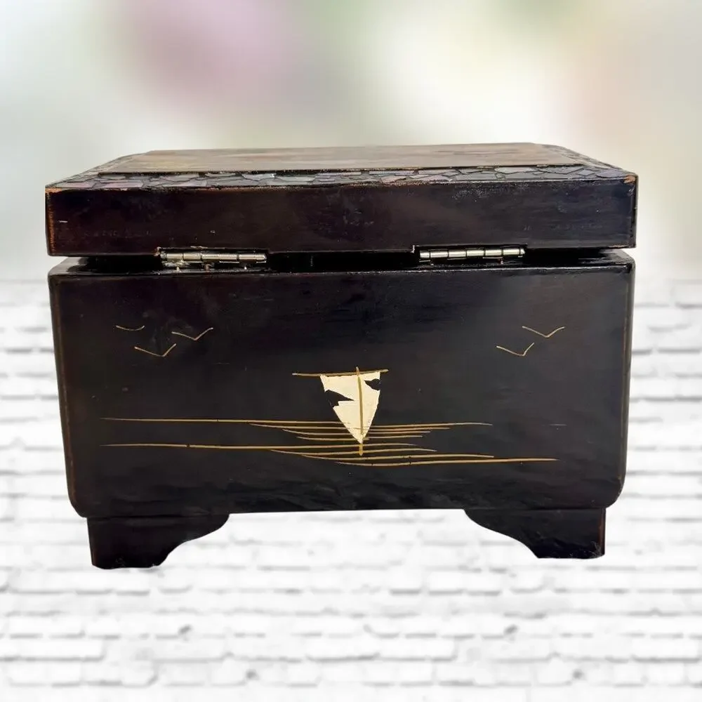 Vintage Japanese Music Box Wooden Lacquer Jewelry Abalone Inlay Trinket KK Japan